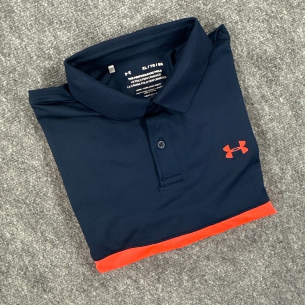 Under Armour Mens Performance Polo Shirt XL Navy Blue Orange Colorblock HeatGear